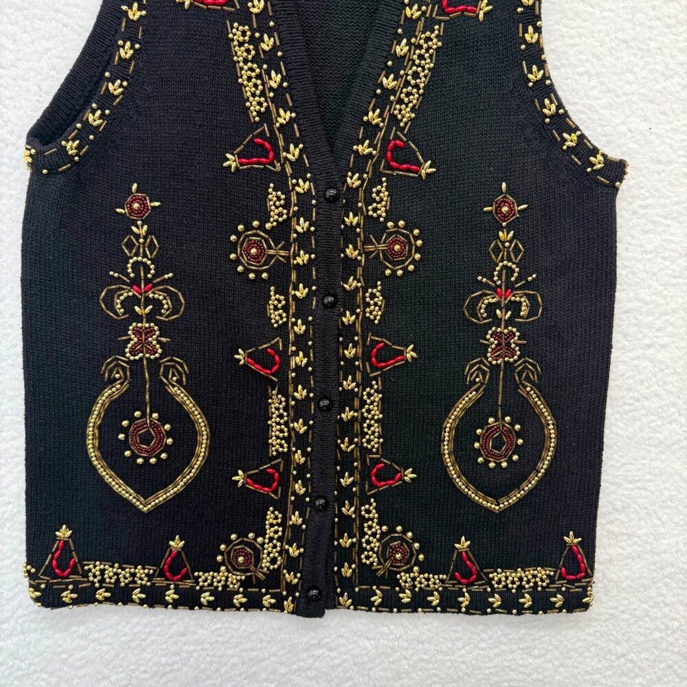 VTG Beaded Sweater Vest Christmas Holiday Teachercore Grandma Womens Black S* - Picture 3 of 15